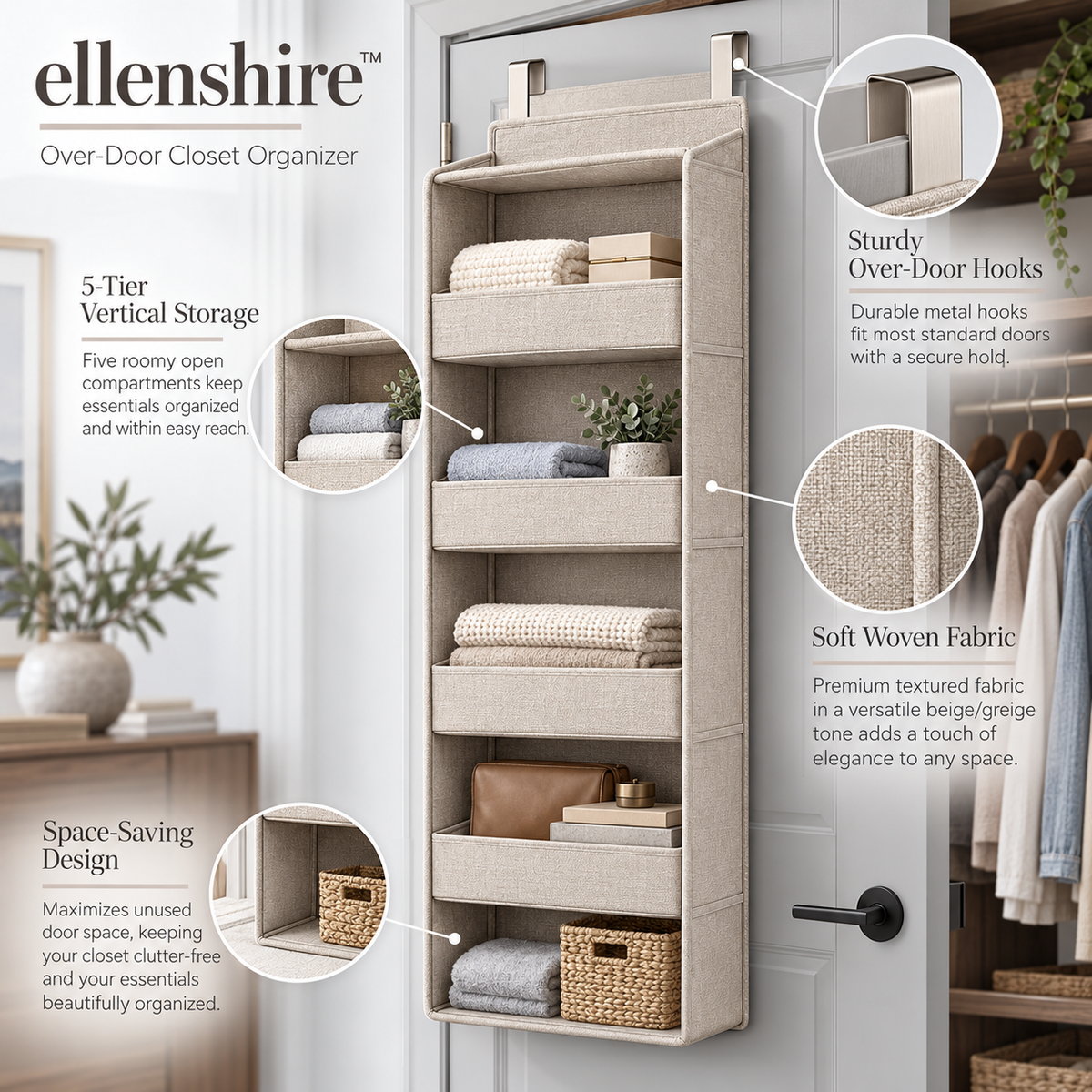 𝐞𝐥𝐥𝐞𝐧𝐬𝐡𝐢𝐫𝐞™ Over-Door Closet Organizer