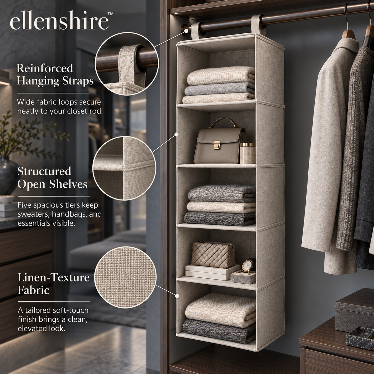 𝐞𝐥𝐥𝐞𝐧𝐬𝐡𝐢𝐫𝐞™ Multi-Layer Hanging Closet Shelves